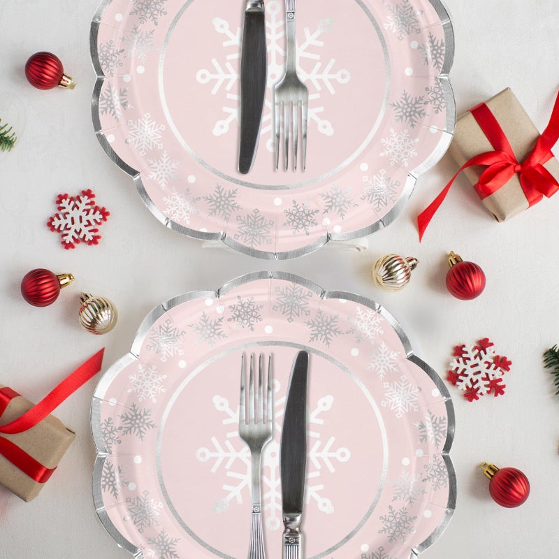 LeZakaa 50Pcs Christmas Paper Plates Sets - Snowflake in Pink Silver Foil Winter Holiday Design Disposable Party Plates Decorative Tableware Supplies Table Decor for Christmas - 7 Inch & 9 Inch - Image 3