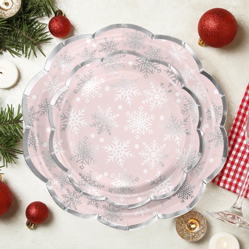 LeZakaa 50Pcs Christmas Paper Plates Sets - Snowflake in Pink Silver Foil Winter Holiday Design Disposable Party Plates Decorative Tableware Supplies Table Decor for Christmas - 7 Inch & 9 Inch - Image 5