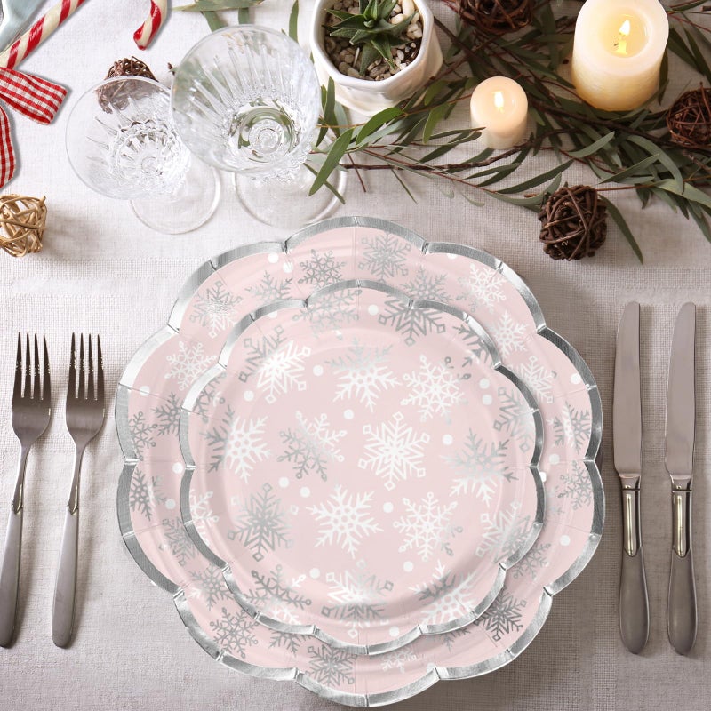 LeZakaa 50Pcs Christmas Paper Plates Sets - Snowflake in Pink Silver Foil Winter Holiday Design Disposable Party Plates Decorative Tableware Supplies Table Decor for Christmas - 7 Inch & 9 Inch - Image 4
