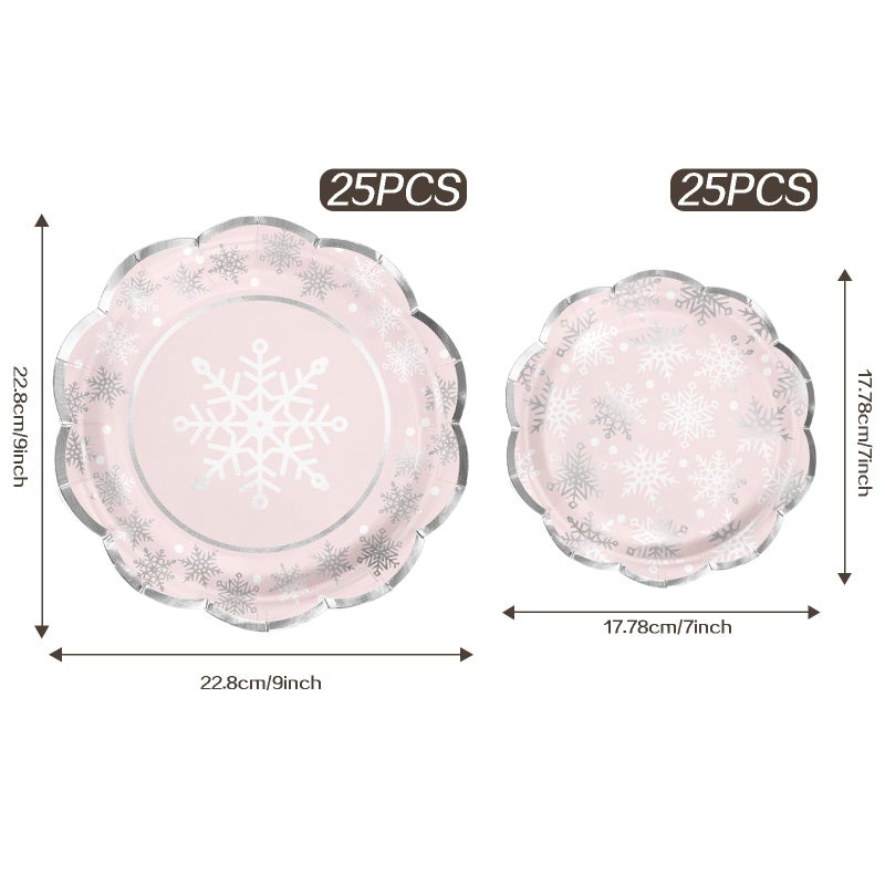 LeZakaa 50Pcs Christmas Paper Plates Sets - Snowflake in Pink Silver Foil Winter Holiday Design Disposable Party Plates Decorative Tableware Supplies Table Decor for Christmas - 7 Inch & 9 Inch - Image 2
