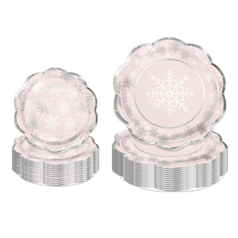 LeZakaa 50Pcs Christmas Paper Plates Sets - Snowflake in Pink Silver Foil Winter Holiday Design Disposable Party Plates Decorative Tableware Supplies Table Decor for Christmas - 7 Inch & 9 Inch - Image 1