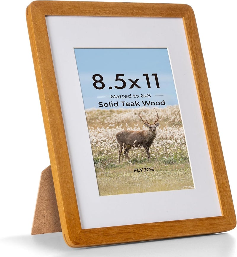 FLYJOE 8.5 by 11 Picture Frame - Solid Teak Wood 8.5x11 Fram, 8 1/2 x 11 Diploma Frame With Mat For 6x8, Tabletop and Wall Display, Hanging Hardware Included, Certificate Document Frame, Natural Teak - Image 1