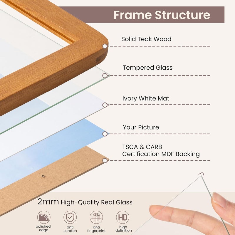 FLYJOE 8.5 by 11 Picture Frame - Solid Teak Wood 8.5x11 Fram, 8 1/2 x 11 Diploma Frame With Mat For 6x8, Tabletop and Wall Display, Hanging Hardware Included, Certificate Document Frame, Natural Teak - Image 4