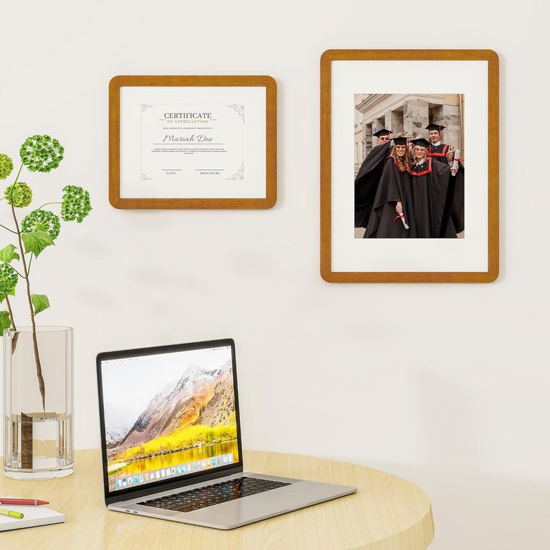 FLYJOE 8.5 by 11 Picture Frame - Solid Teak Wood 8.5x11 Fram, 8 1/2 x 11 Diploma Frame With Mat For 6x8, Tabletop and Wall Display, Hanging Hardware Included, Certificate Document Frame, Natural Teak - Image 2
