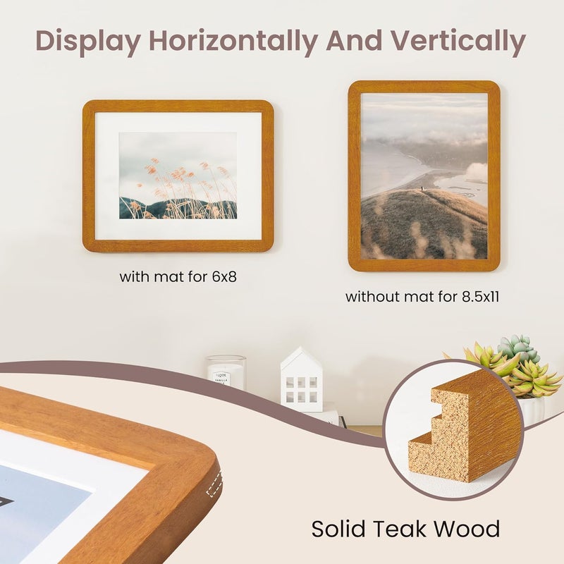 FLYJOE 8.5 by 11 Picture Frame - Solid Teak Wood 8.5x11 Fram, 8 1/2 x 11 Diploma Frame With Mat For 6x8, Tabletop and Wall Display, Hanging Hardware Included, Certificate Document Frame, Natural Teak - Image 5