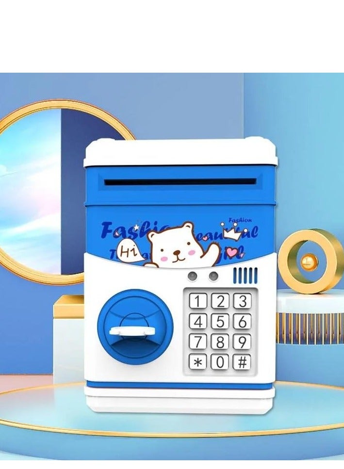 Piggy Bank in the form of an electronic saving machine for cash and paper money with a small password in a cartoon design, blue color