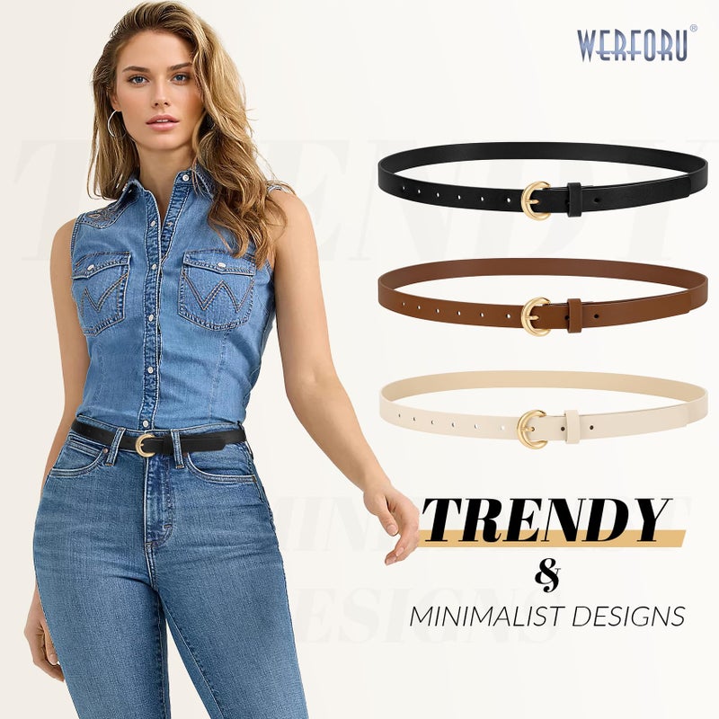 WERFORU 3 Pack Women Skinny Belt Thin Waist Belt for Women Leather Belt with Gold Buckle for Jeans Pants Dress 0.74" Width,A-Black+Brown+Beige,Fit Waist Size 26"-30" - Image 2