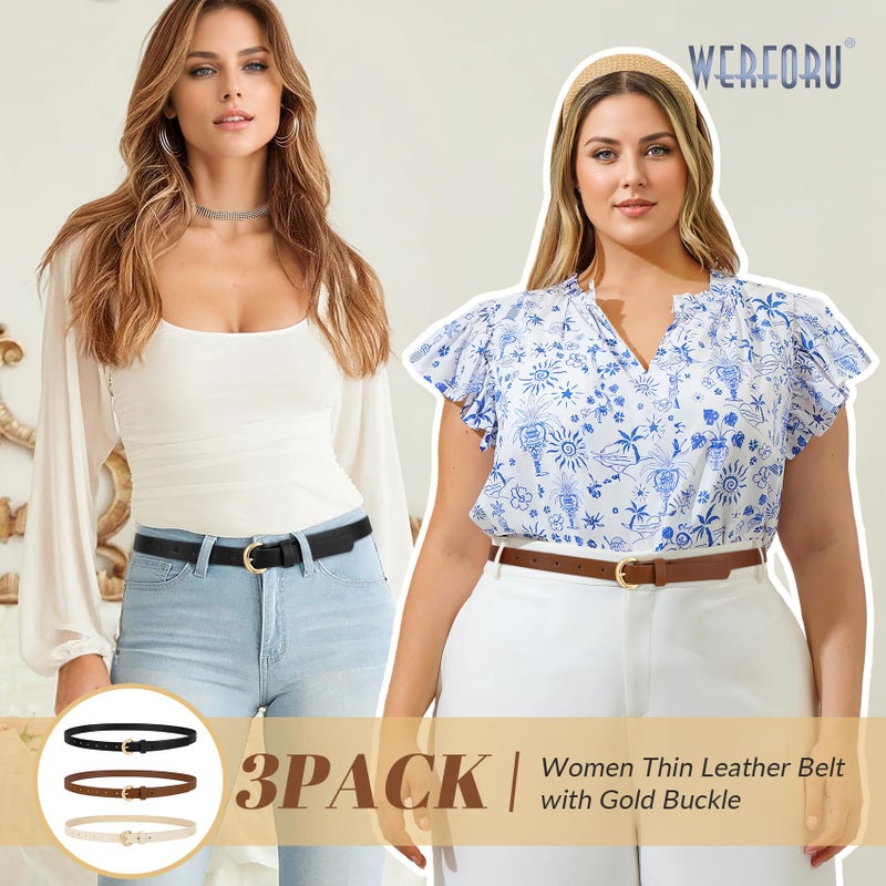 WERFORU 3 Pack Women Skinny Belt Thin Waist Belt for Women Leather Belt with Gold Buckle for Jeans Pants Dress 0.74" Width,A-Black+Brown+Beige,Fit Waist Size 26"-30" - Image 3
