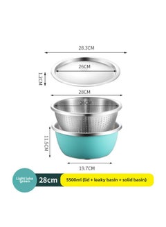 304 Stainless Steel Colorful Cooking Basin With Lid Salad Basin Baking And Noodle Egg Bowl Baby Washing Bottle Draining Basin-规格:304料理盆+漏盆+钢盖-28CM-淡湖绿-颜色:默认项