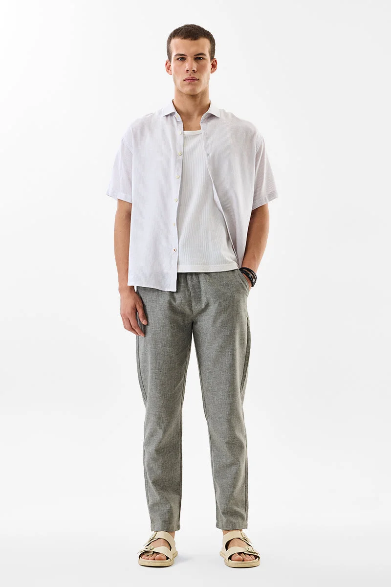 SNITCH Grey Textured Straight Fit Casual Trousers
