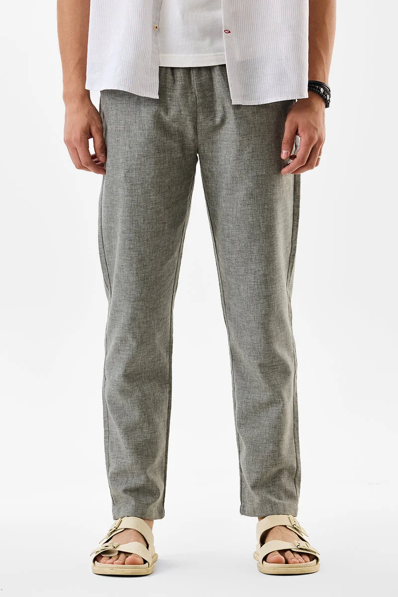 SNITCH Grey Textured Straight Fit Casual Trousers