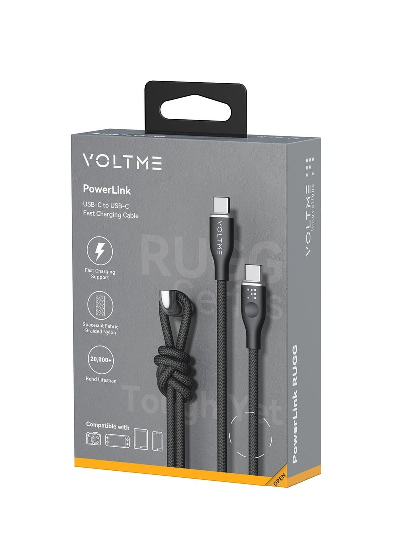 VOLTME - USB C to USB C Cable - Powerlink Rugg Double Nylon Fast Charging Cord 1m - 60W Power Delivery PD Compatible with iPhone 16 Series, iPhone 15 Series, iPad Pro/Air, MacBook Pro/Air, Galaxy S24/S23 Ultra, Huawei P60, Xiaomi, and More - Durable & High-Speed Charging- Black - Image 1