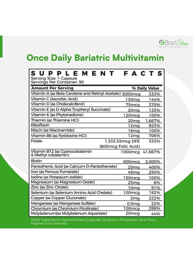Bari Slim - Once Daily Bariatric Multivitamin Capsule 45 Mg Of Iron Bariatric Vitamin And Supplement For Post Bariatric Surgery Including Gastric Bypass And Gastric Sleeve; 90 Servings - Image 1