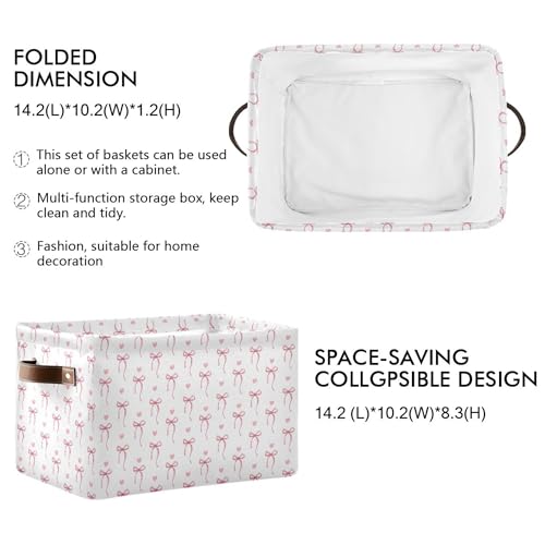 Wamika Pink Ribbon Bow Storage Basket with Waterproof Liner and PU Handles White Bow Tie Cute Storage Bins Boxes 142 Collapsible Decorative Organizer Baskets for Bedroom Closet Office 1 Pack - Image 3