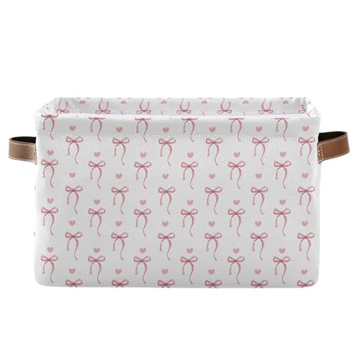 Wamika Pink Ribbon Bow Storage Basket with Waterproof Liner and PU Handles White Bow Tie Cute Storage Bins Boxes 142 Collapsible Decorative Organizer Baskets for Bedroom Closet Office 1 Pack - Image 1