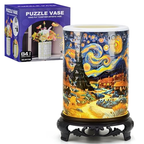 MONVIE 3D Puzzles Vase for Adults LED 84 Pieces Plastic DIY Unique Pattern 3D Puzzles Planter Crafts for Adults Gift Birthday Gifts for Flower Arrangements Pen Holder and Home Decor - Image 1