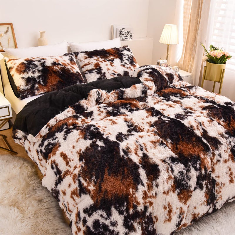 Aimuan Cow Print Duvet Cover Shaggy Fluffy Tie Dye Brown Black Velvet Bedding Set Super Soft Faux Fur Fuzzy Comforter Cover with Pillowcases (Coffee-Black, Queen) - Image 3