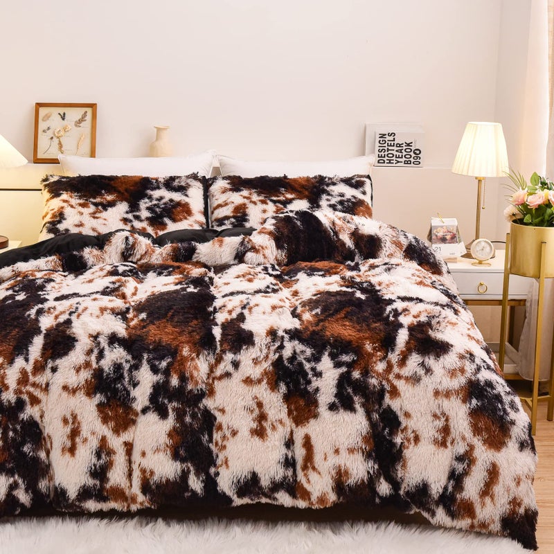 Aimuan Cow Print Duvet Cover Shaggy Fluffy Tie Dye Brown Black Velvet Bedding Set Super Soft Faux Fur Fuzzy Comforter Cover with Pillowcases (Coffee-Black, Queen) - Image 1