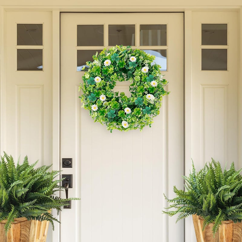 Sggvecsy 18 St Patricks Day Shamrocks Wreath for Front Door with 30 Green Lights Artificial Greenery Glittery Clover Wreath for Irish St Patricks Day Decoration Wall Indoor Outdoor Home Decor - Image 2
