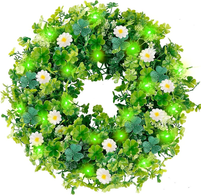 Sggvecsy 18 St Patricks Day Shamrocks Wreath for Front Door with 30 Green Lights Artificial Greenery Glittery Clover Wreath for Irish St Patricks Day Decoration Wall Indoor Outdoor Home Decor - Image 1
