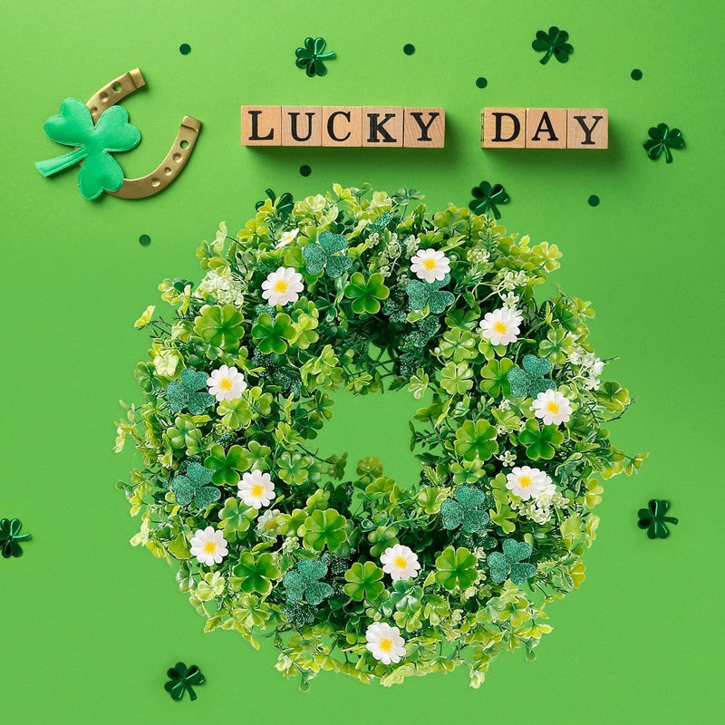 Sggvecsy 18 St Patricks Day Shamrocks Wreath for Front Door with 30 Green Lights Artificial Greenery Glittery Clover Wreath for Irish St Patricks Day Decoration Wall Indoor Outdoor Home Decor - Image 5