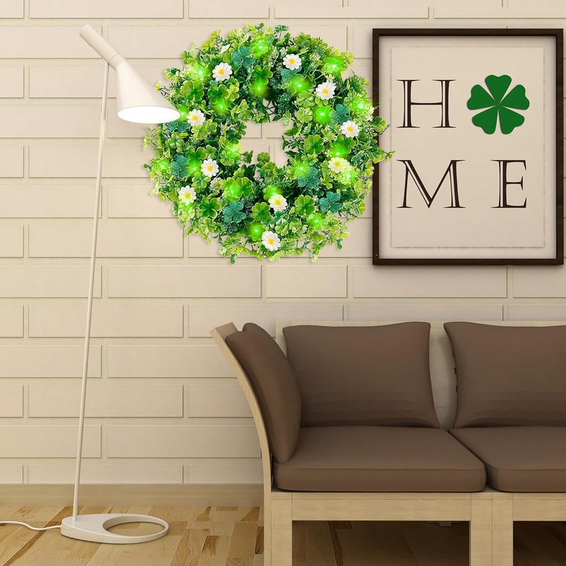 Sggvecsy 18 St Patricks Day Shamrocks Wreath for Front Door with 30 Green Lights Artificial Greenery Glittery Clover Wreath for Irish St Patricks Day Decoration Wall Indoor Outdoor Home Decor - Image 4