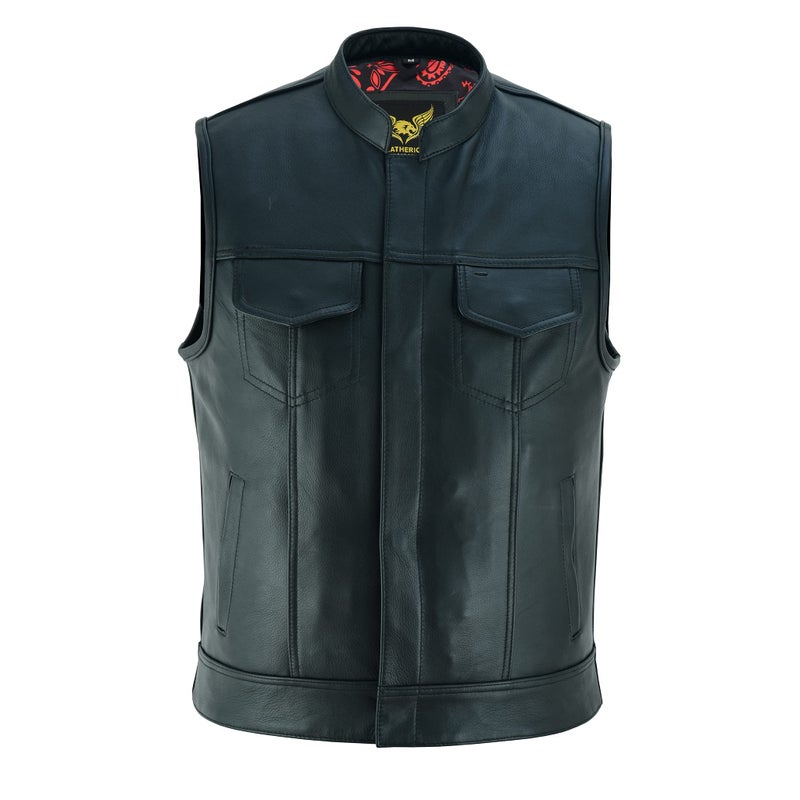 Leatherick Mens Black Motorcycle Vests SOA Club Traditional Paisley Satin Liner Leather Biker Vests US Alpha Medium Regular Regular Red Black Paisley With Black Stitching