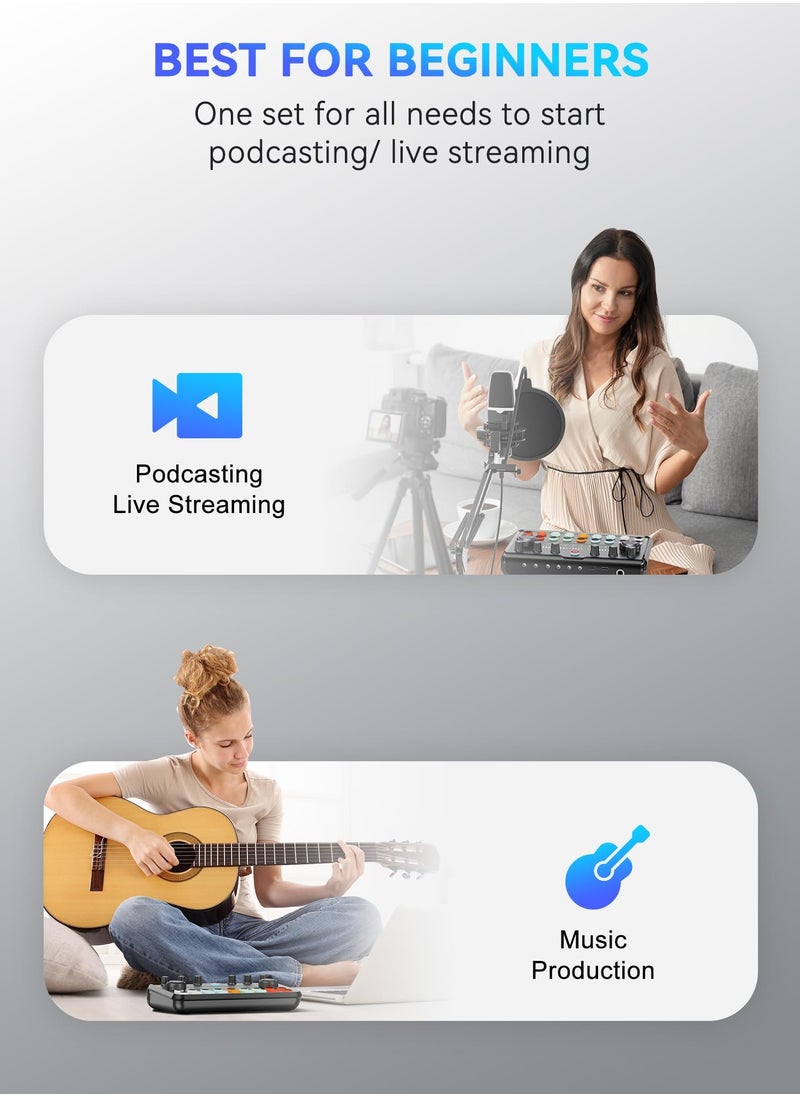 Podcast Equipment Bundle,Audio Interface with Studio Condenser Microphone for Smartphone and PC,Plug-and-Play Live Sound Card,Perfect for Streaming, Singing, YouTube, Gaming