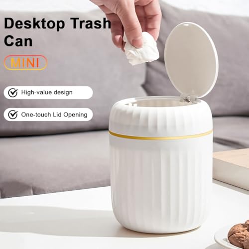 HASTHIP® Small Dustbin With Lid - Mini Desktop Trash Can Pop Up Tiny Tabletop Garbage Can Portable Small Dustbin Wastebasket for Bathroom Vanity, Desktop, Tabletop (Round Press - White) - Image 2