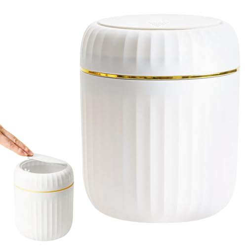 HASTHIP® Small Dustbin With Lid - Mini Desktop Trash Can Pop Up Tiny Tabletop Garbage Can Portable Small Dustbin Wastebasket for Bathroom Vanity, Desktop, Tabletop (Round Press - White) - Image 1