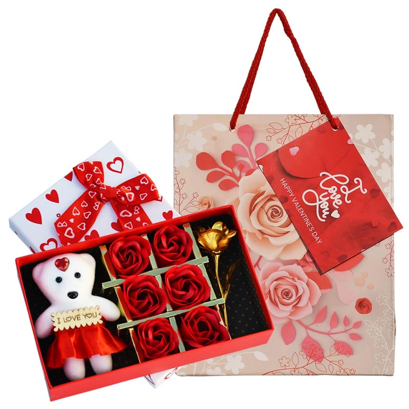 Saugat Traders Love Gift for Girlfriend, Boyfriend - Gift Box Small Teddy with 6 Red Rose Scented Flowers and Artificial Golden Rose for Wife, Fiancee - Valentine Day - Anniversary Surprise Gift - Image 1