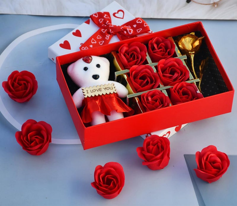 Saugat Traders Love Gift for Girlfriend, Boyfriend - Gift Box Small Teddy with 6 Red Rose Scented Flowers and Artificial Golden Rose for Wife, Fiancee - Valentine Day - Anniversary Surprise Gift - Image 2