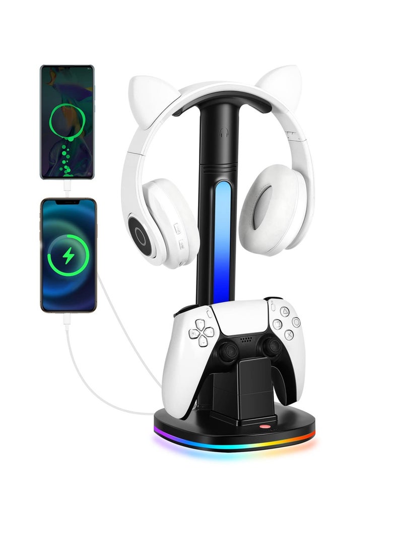 Excefore Controller & Headset Charge Station, Desk Gaming Headset Holder with 2 USB Charging Ports, Suitable for Play Station 5 Controller Charging Dock (Black) - Image 1