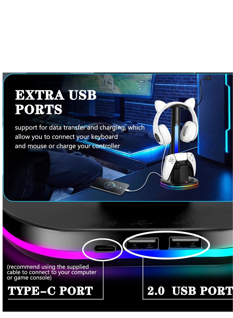Excefore Controller & Headset Charge Station, Desk Gaming Headset Holder with 2 USB Charging Ports, Suitable for Play Station 5 Controller Charging Dock (Black) - Image 4