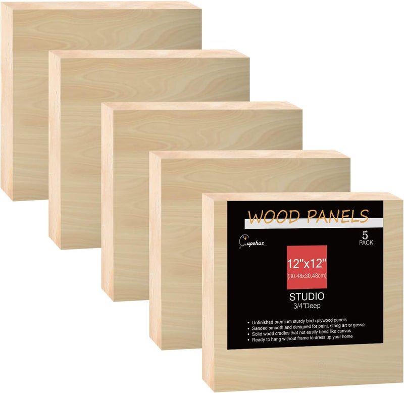 Cupohus Unfinished Birch Wood Boards Canvas for Painting, 5 Packs 3/4'' Deep 12'' x 12'' Wooden Cradled Panels for Pouring Art, Crafts, Paints and More - Image 1