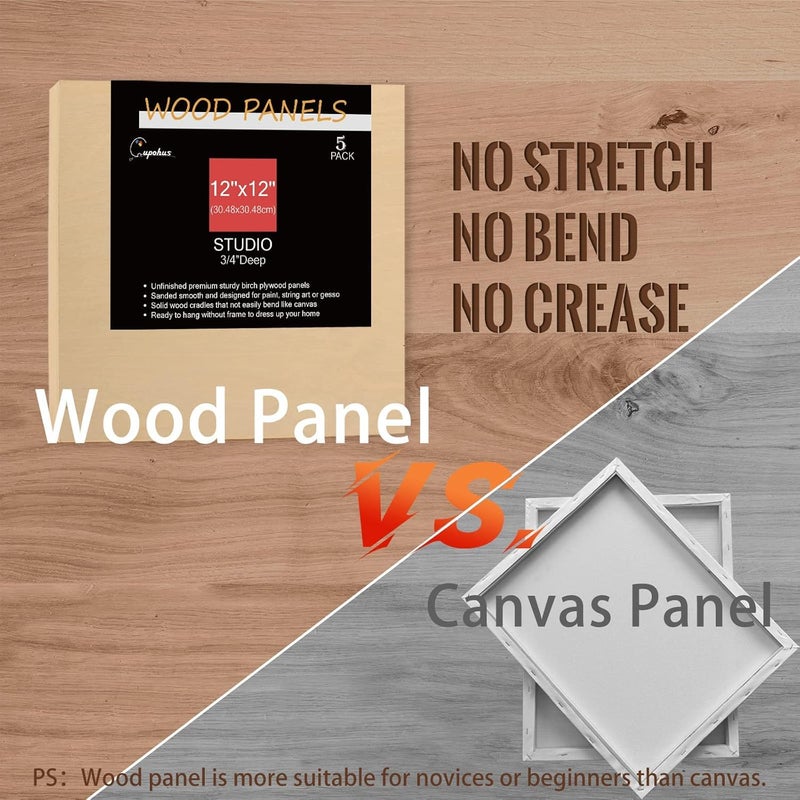Cupohus Unfinished Birch Wood Boards Canvas for Painting, 5 Packs 3/4'' Deep 12'' x 12'' Wooden Cradled Panels for Pouring Art, Crafts, Paints and More - Image 5