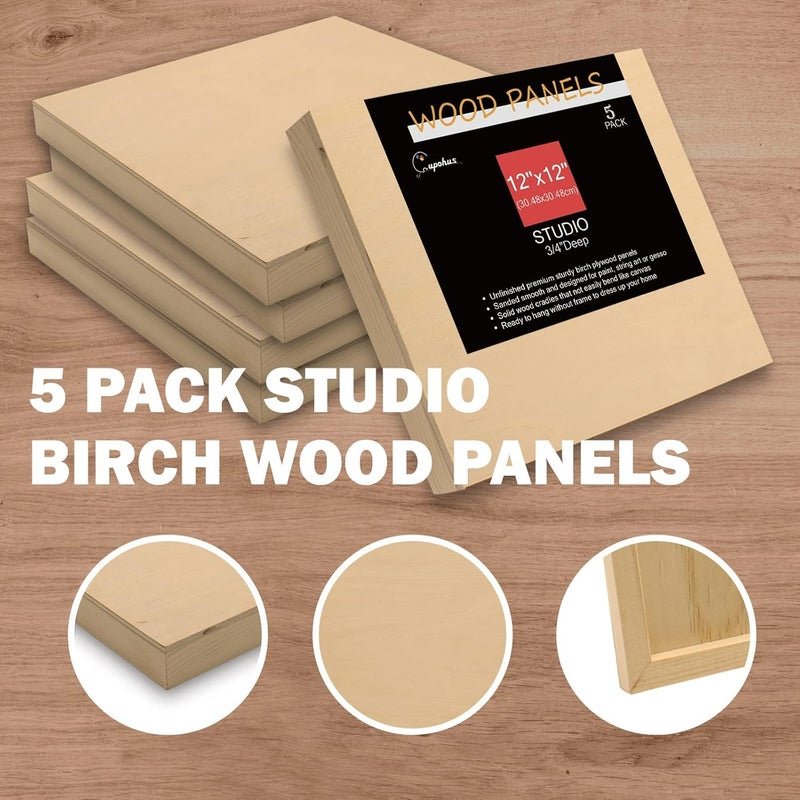 Cupohus Unfinished Birch Wood Boards Canvas for Painting, 5 Packs 3/4'' Deep 12'' x 12'' Wooden Cradled Panels for Pouring Art, Crafts, Paints and More - Image 4