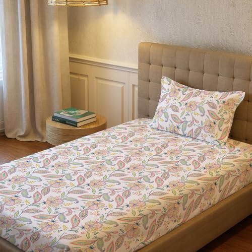 Urban Space Serene 100% Cotton 200 TC Printed Bedsheet for Single Bed with 1 Pillow Cover (Size 58 x 90 inches, France - Blue) - Image 1