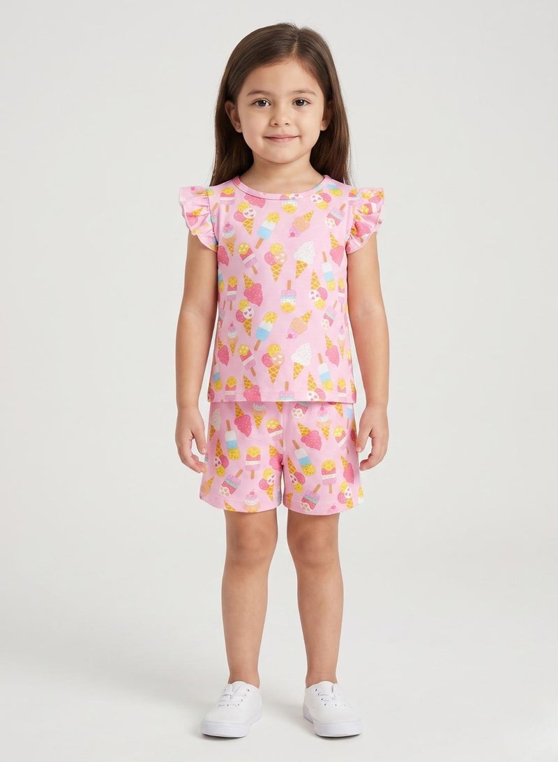 babyqlo Girls Pink Ice Cream Print Shorts Set - Image 1