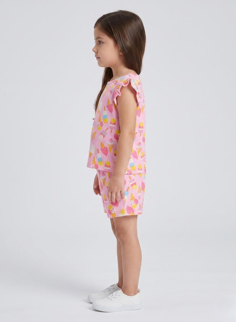babyqlo Girls Pink Ice Cream Print Shorts Set - Image 3