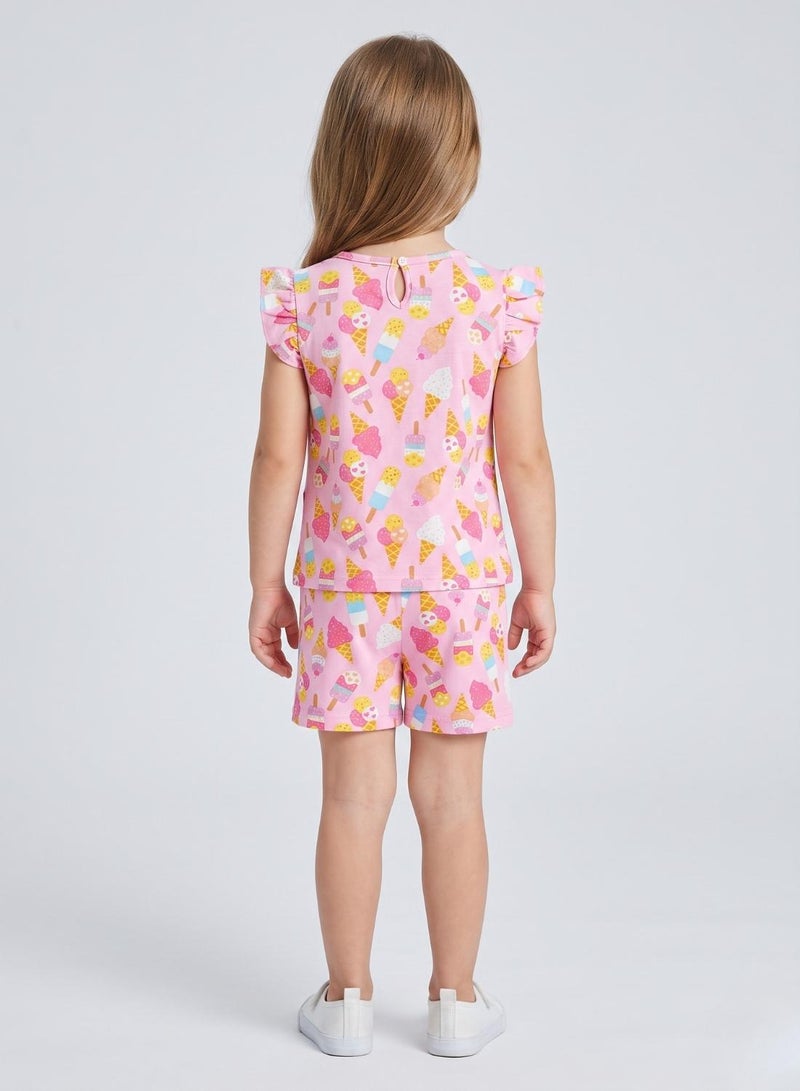 babyqlo Girls Pink Ice Cream Print Shorts Set - Image 2