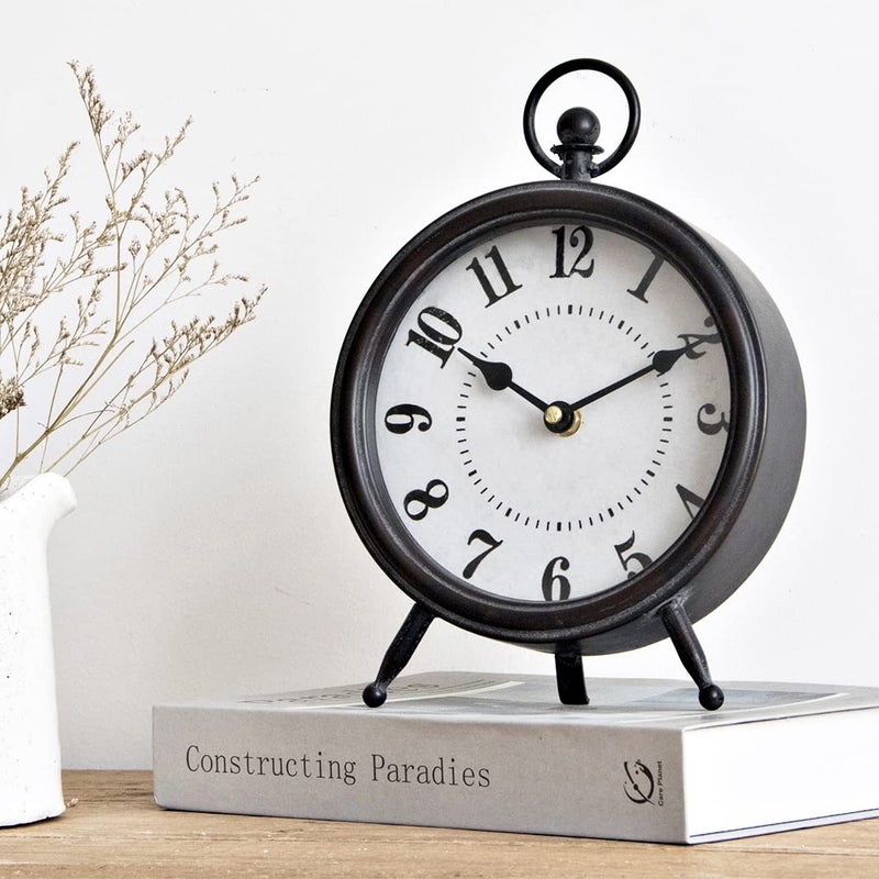 MACVAD Vintage Black Table Clock on Stand Decorative Desk and Shelf Clock Rustic Mantel Clock Farmhouse Clock NonTicking 