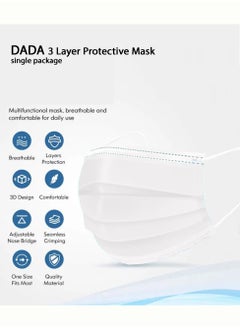 Dada 3 Layer Protective Disposable Single Wrapped White Face Masks, Flat And High Elastic Ear Loops, 50 Pcs/box, Each Mask Individually Wrapped  - Image 2