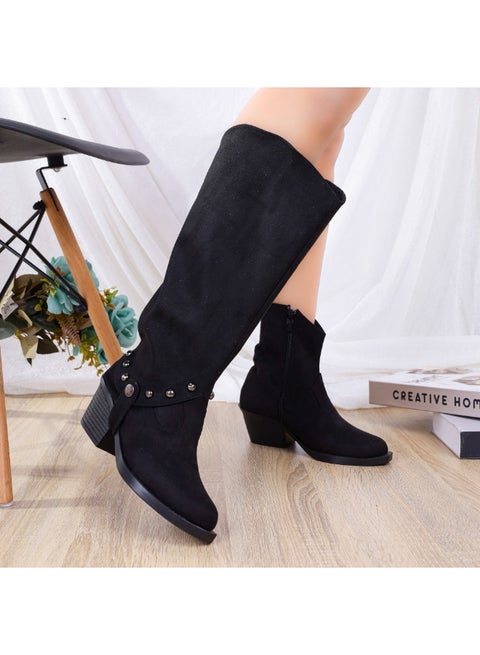 حذاء طويل حتى الركبة من جلد السويد بكعب متوسط أنيق LB-30 - أسود