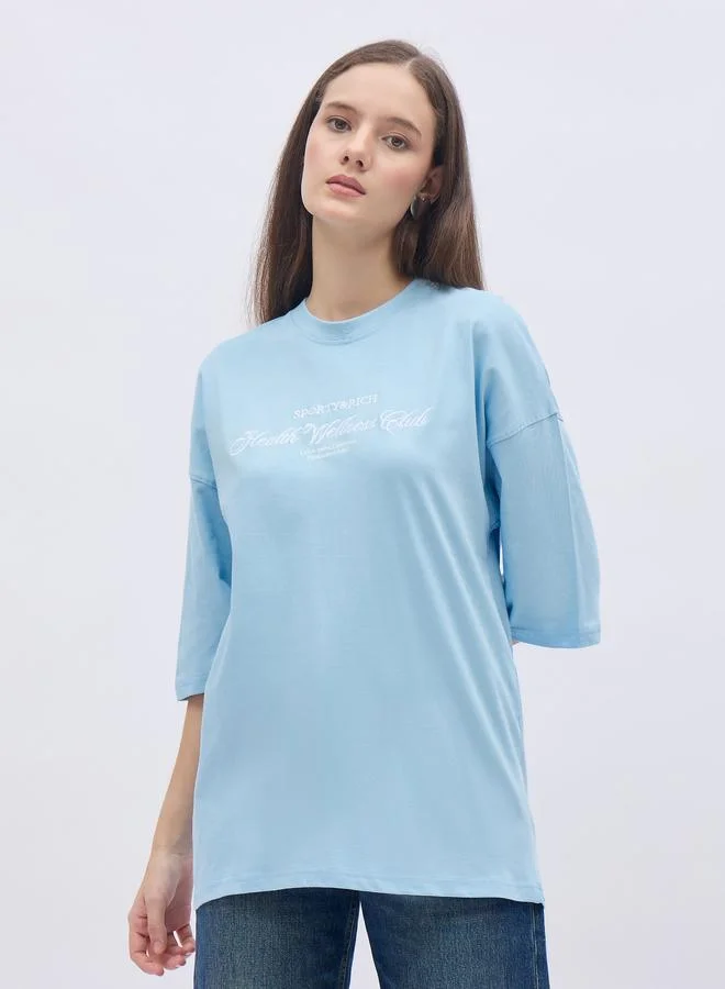 Embroidered Slogan Oversized 100% Cotton T-Shirt