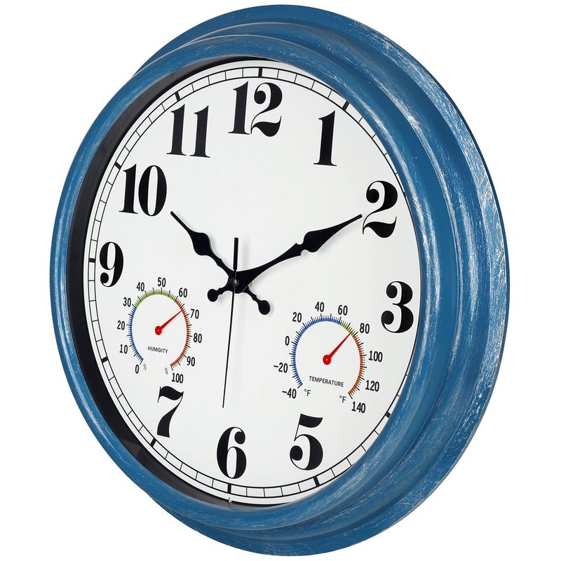 JENLYSTIME 16 Inch Blue Vintage Waterproof Indoor/Outdoor Wall Clock with Thermometer & Hygrometer, Large Numerals & Silent Sweep Movement - Ideal for Porch, Garden, Pool, Bathroom - Image 2