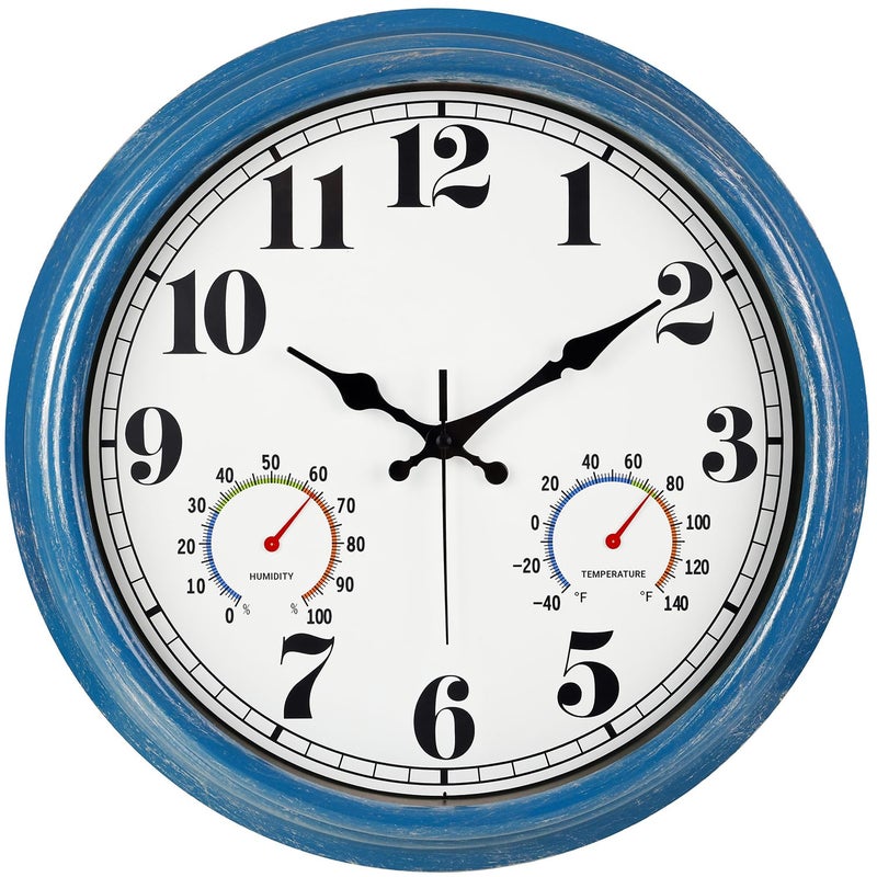 JENLYSTIME 16 Inch Blue Vintage Waterproof Indoor/Outdoor Wall Clock with Thermometer & Hygrometer, Large Numerals & Silent Sweep Movement - Ideal for Porch, Garden, Pool, Bathroom - Image 1