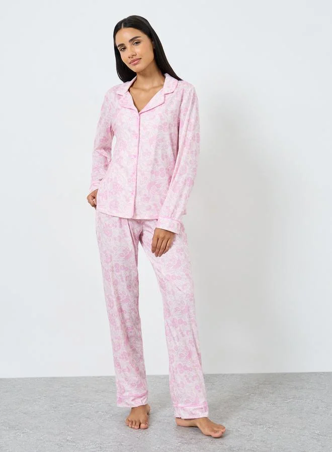 ستايلي طقم بيجامة قميص بأكمام طويلة وتفاصيل شريط زهور