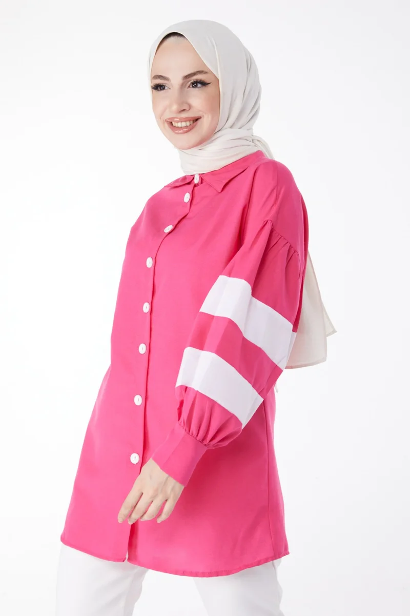 Tofisa Plain Shirt Collar Women's Fuchsia Balloon Sleeve Garnish Tunic - 13158