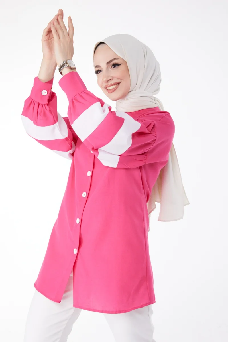Tofisa Plain Shirt Collar Women's Fuchsia Balloon Sleeve Garnish Tunic - 13158